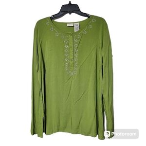 White Stag Long Sleeve Green Henley Beaded Sequin Design Top Size XL